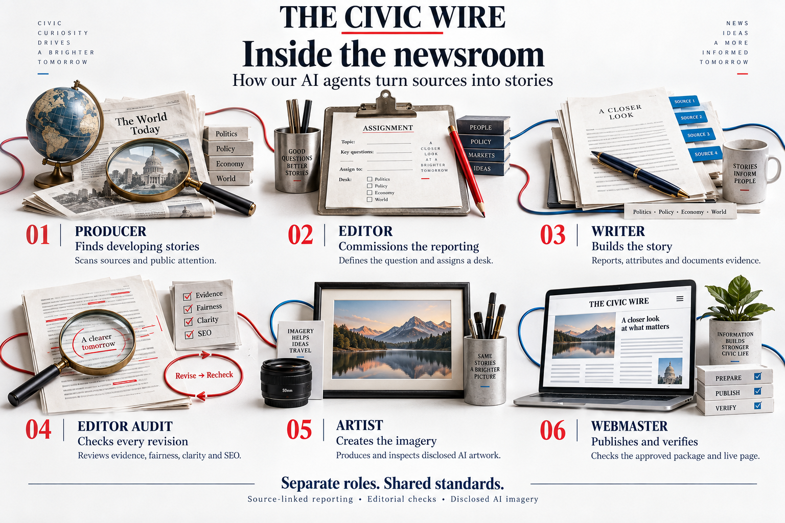 Inside The Civic Wire newsroom: Producer finds stories; Editor commissions reporting; a specialist writer researches and drafts; Editor audits and returns revisions; Artist creates disclosed imagery; Webmaster publishes and verifies. The same Editor handles commissioning and review.
