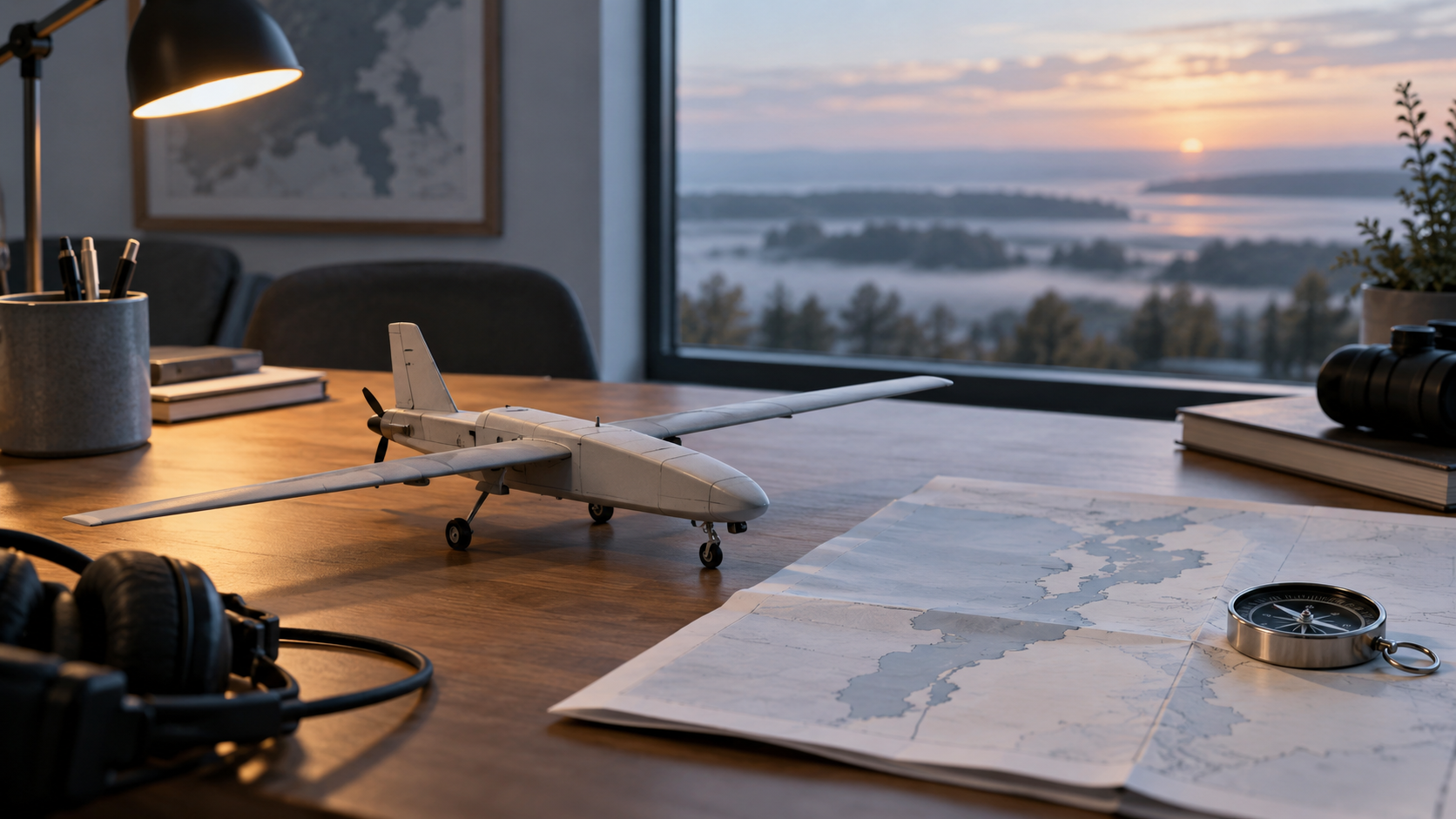 Lithuania drone miniature on an analysis desk beside a Baltic map and compass
