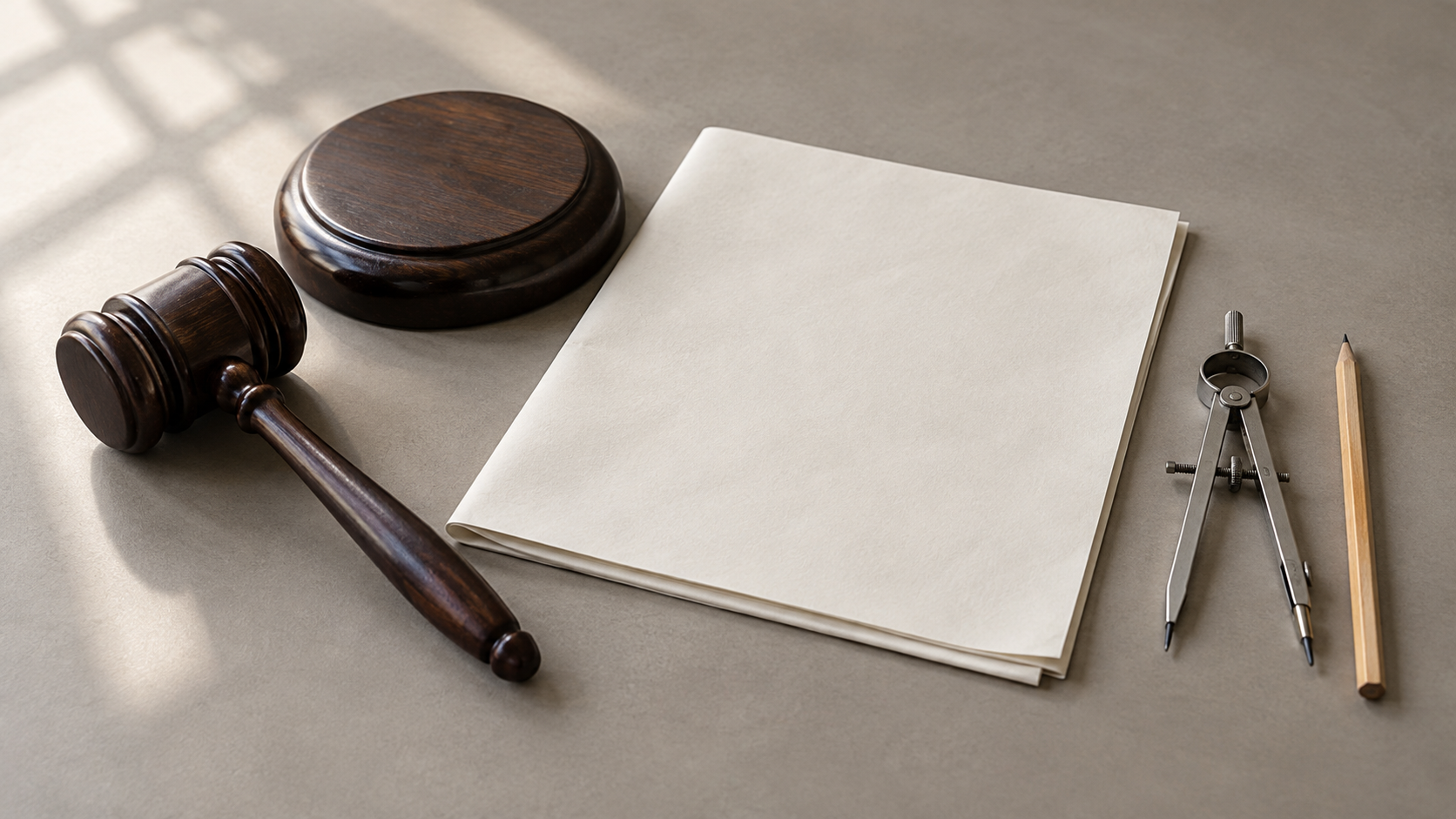A gavel, blank folded paper, drafting compass and pencil symbolize the pending Missouri congressional map dispute.