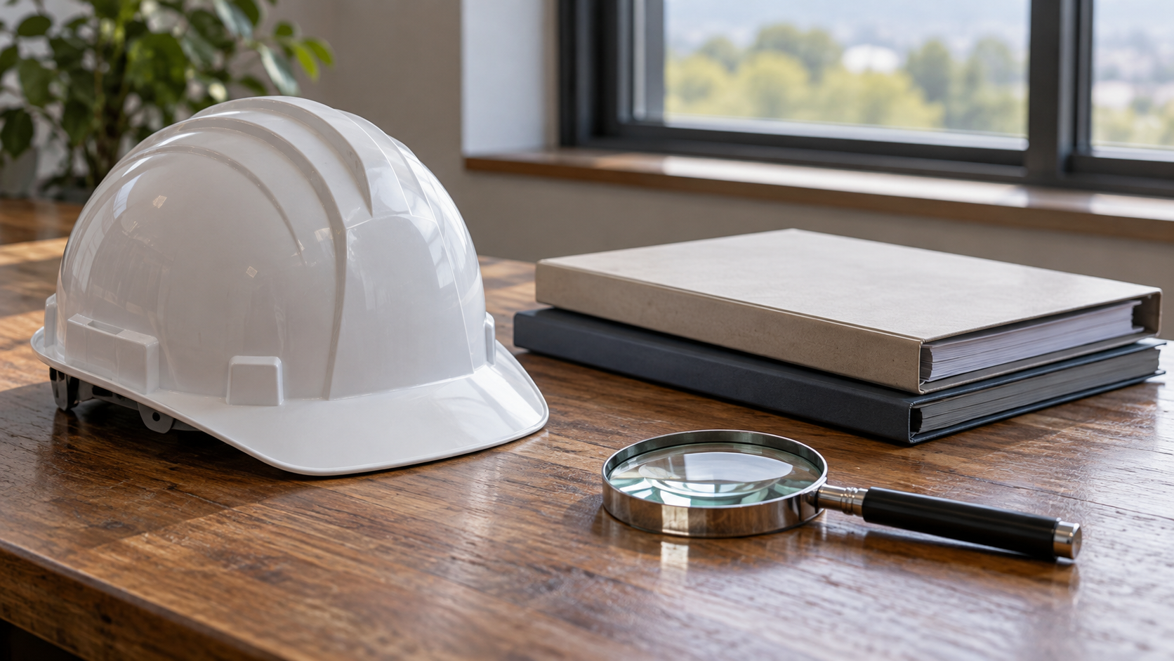 White hardhat, closed binders and magnifying glass on a wooden desk, illustrating Hamaoka review scrutiny.