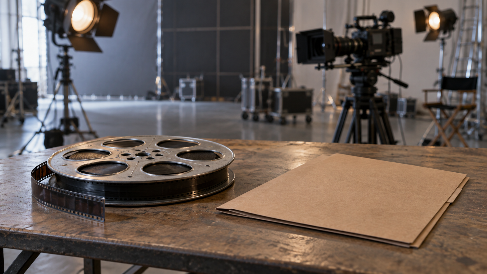 Film reel and unmarked closed folder on a studio table, with a camera and lights behind them, illustrating the proposed Paramount settlement.