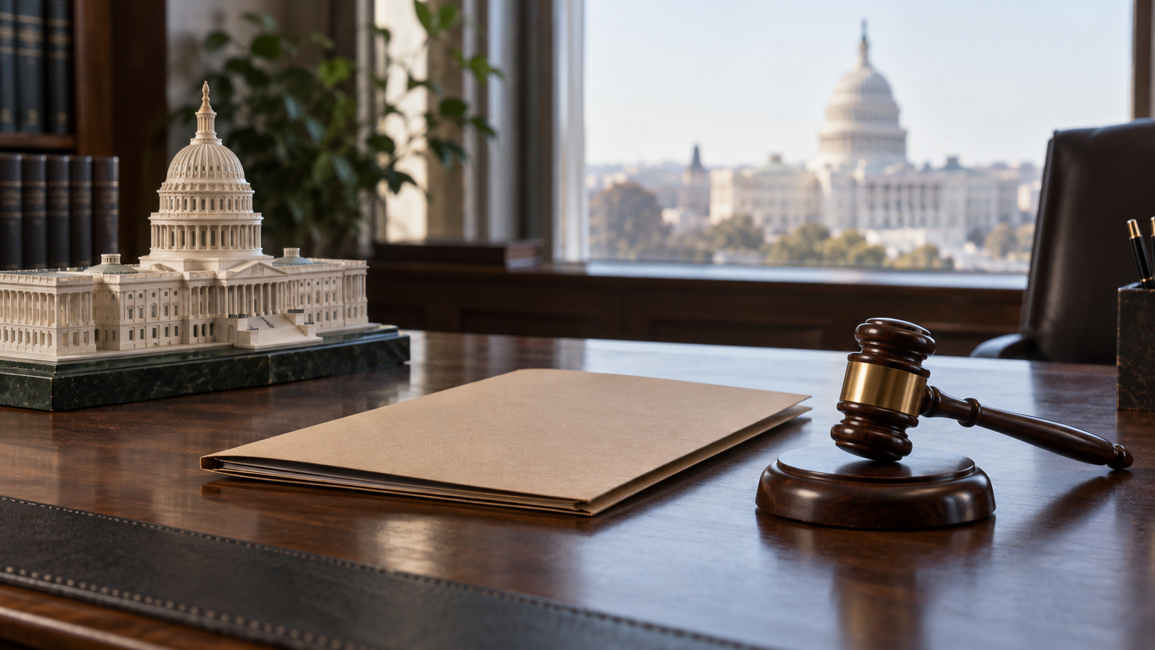 Leon Black contempt editorial illustration showing a plain document folder and wooden gavel beside a U.S. Capitol model on a government-office desk.