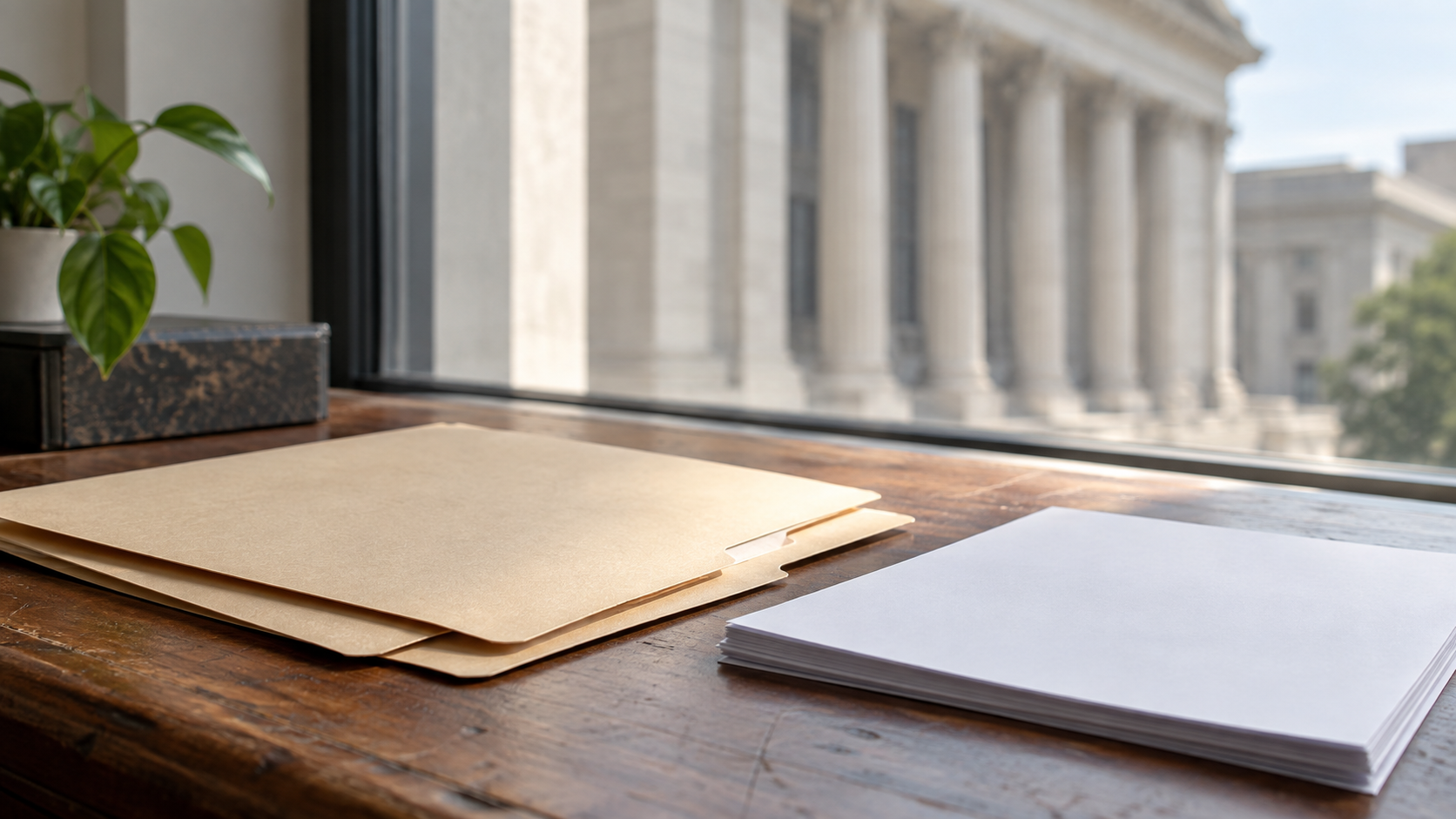 Manila folders and blank papers beside a window with blurred stone columns illustrate the public charge lawsuits.