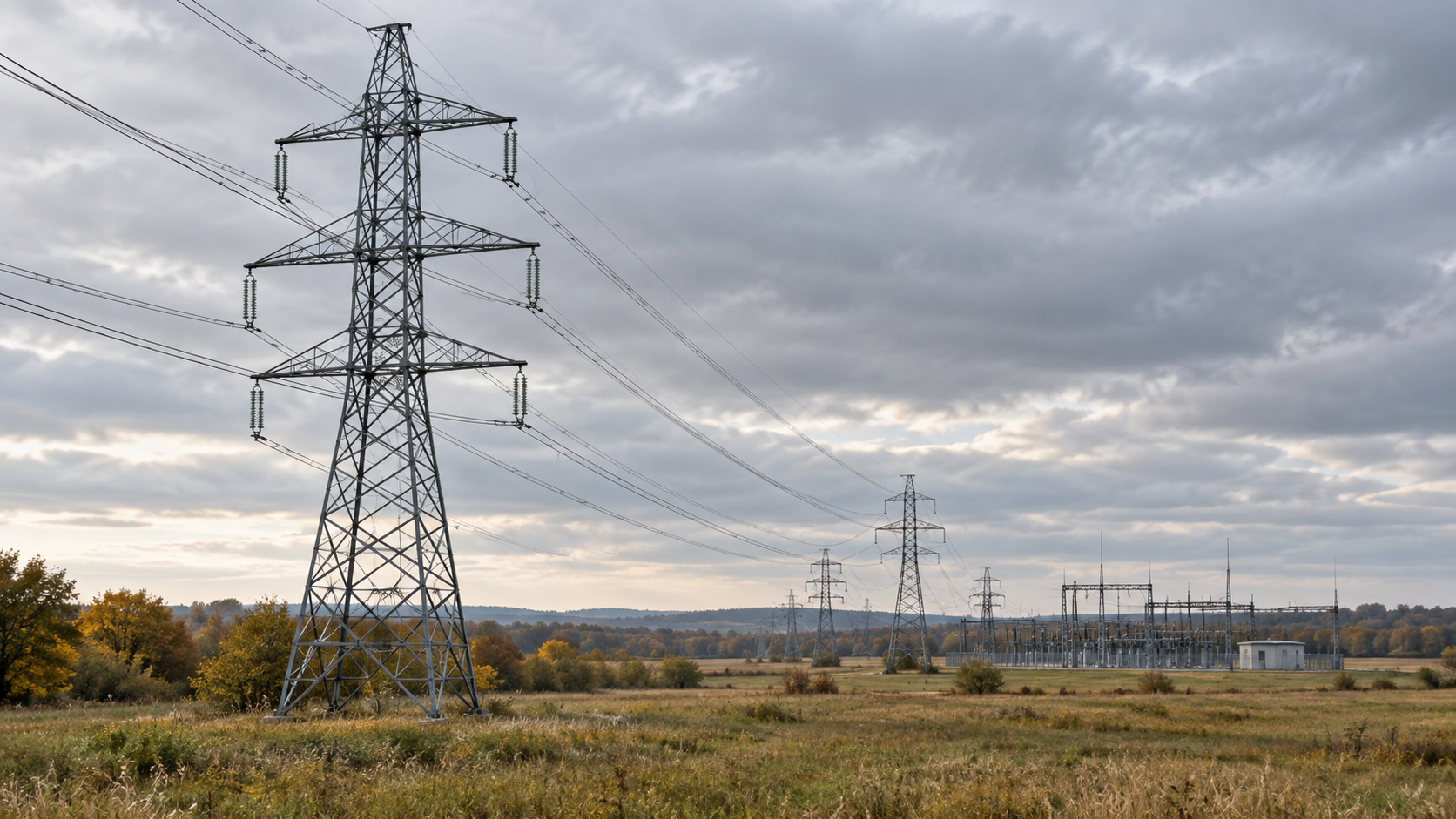 Generic electricity pylons and a distant substation illustrating the subject of a proposed energy truce.