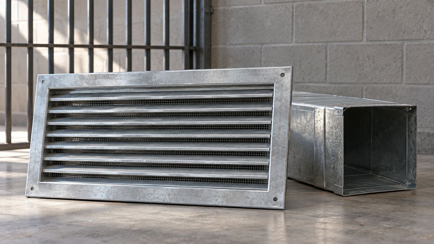 A metal ventilation grille and uninstalled duct beside steel bars, a conceptual illustration of Texas prison cooling.