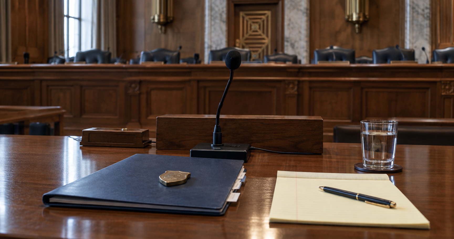 FBI oversight hearing represented by an empty Senate witness desk with a microphone, document folder, water glass and legal pad