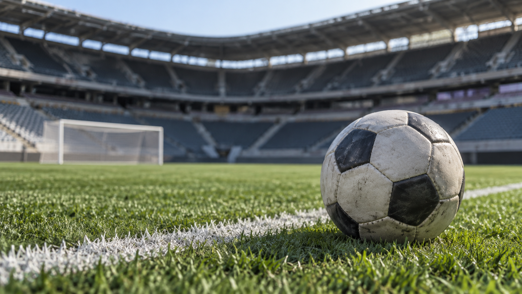 Worn soccer ball beside a field line in an empty stadium, illustrating Mexico’s football inquiry.