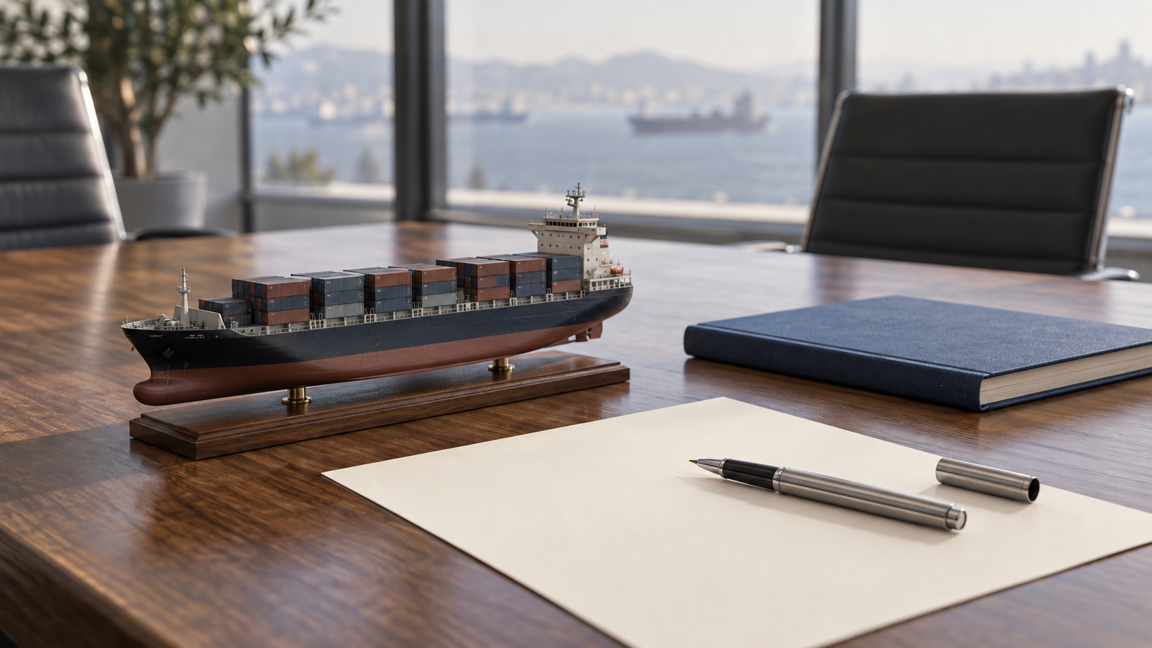 Conceptual illustration for Iran talks: a model cargo ship, blue notebook and pen on blank paper at an empty table.