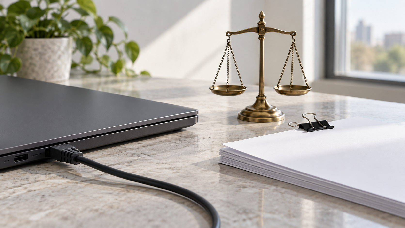 A closed laptop, cable, blank papers and balanced brass scales illustrate the civil dispute over Truth API.