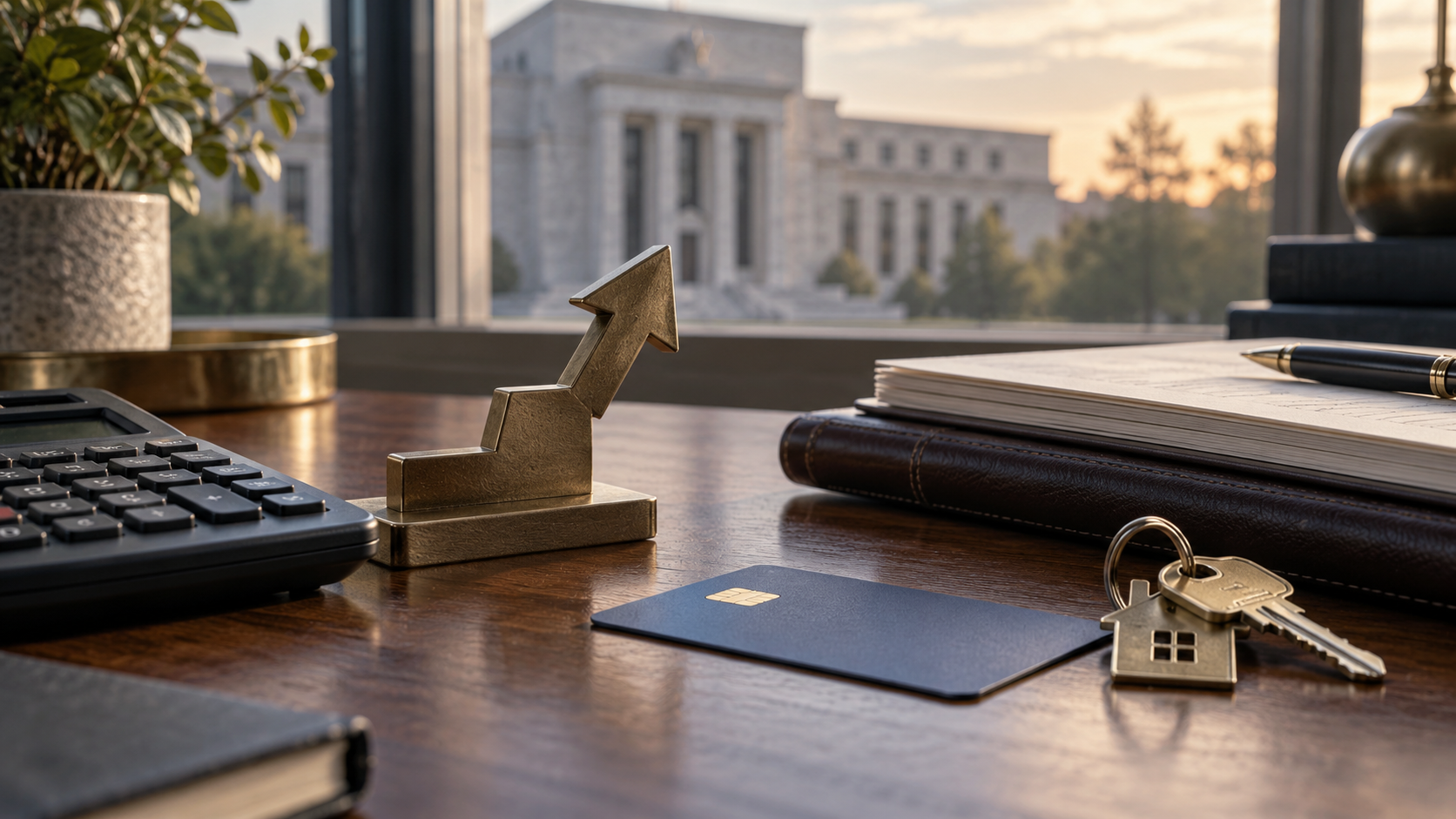 Fed rate hike editorial illustration showing a brass rising arrow beside a calculator, blue credit card, house keys and business ledger on a financial desk.