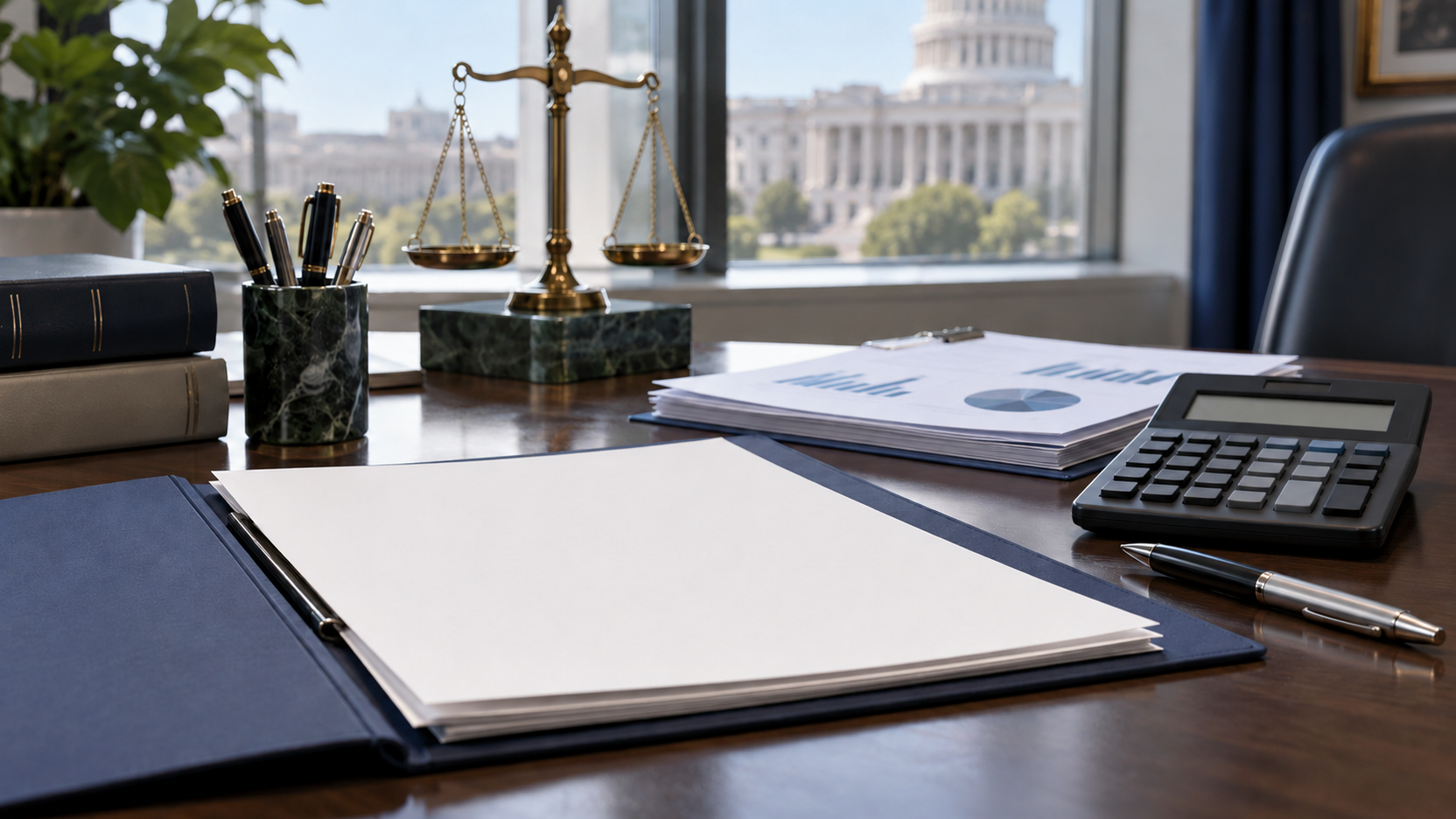 Accenture settlement editorial illustration showing a blank federal contract folder, scales, calculator and compliance paperwork in a government-office workspace