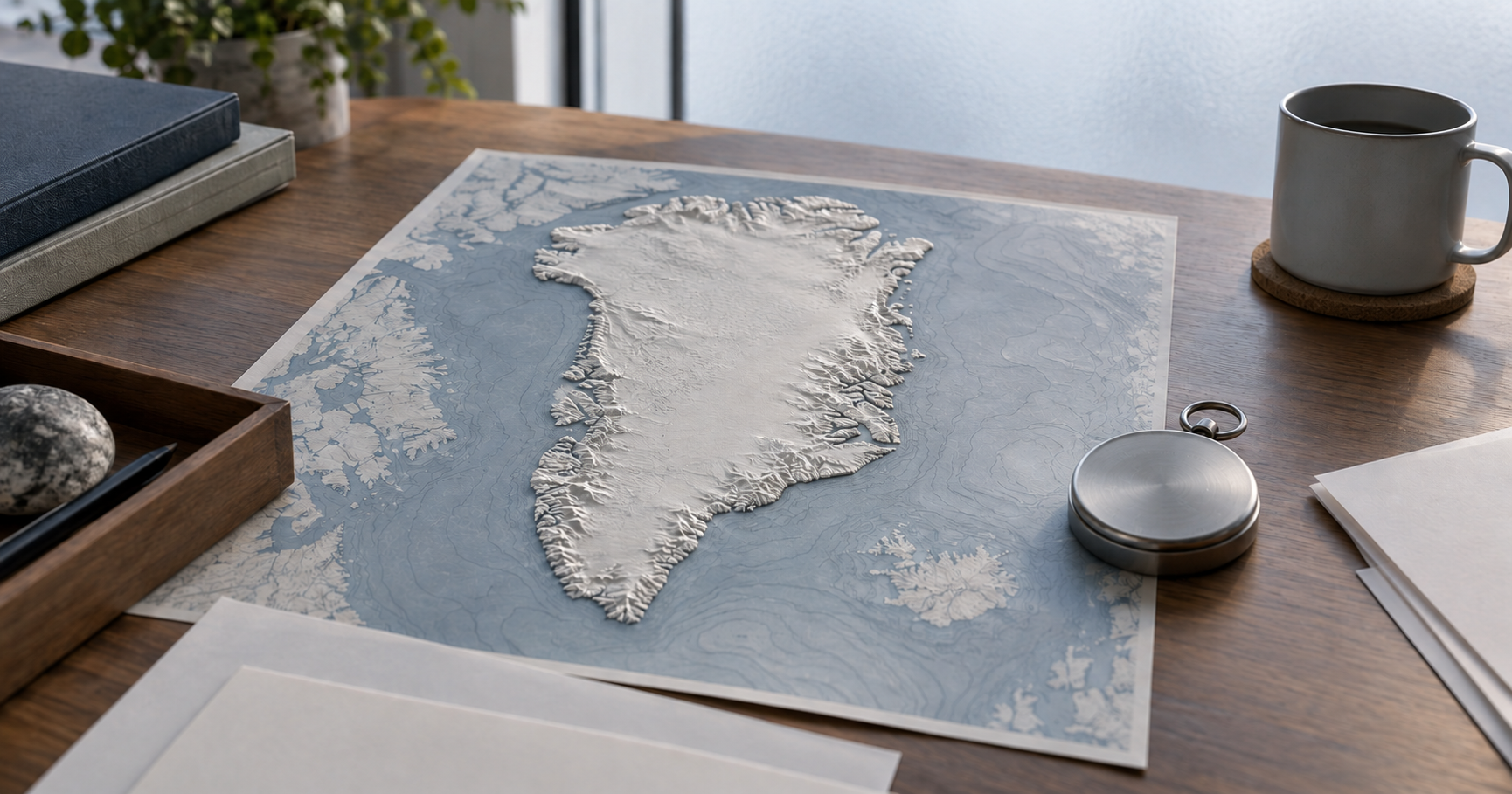 Greenland security deal editorial illustration with an unlabeled raised-relief Greenland silhouette, blank planning papers and a closed metal compass on a wooden table