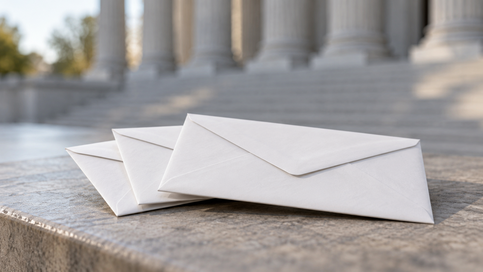 Three blank sealed envelopes before blurred generic columns illustrate the USPS ballot rule and judicial review.