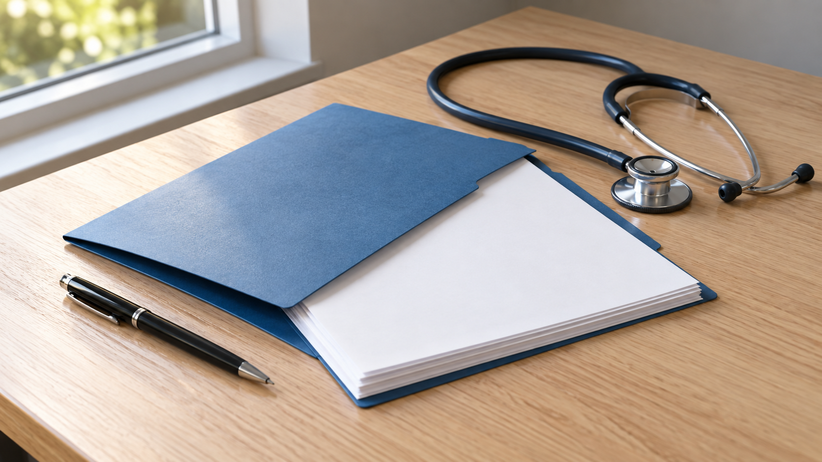 Blank paper in a blue folder beside a pen and stethoscope on a wooden desk, illustrating coverage of ACA enrollments.