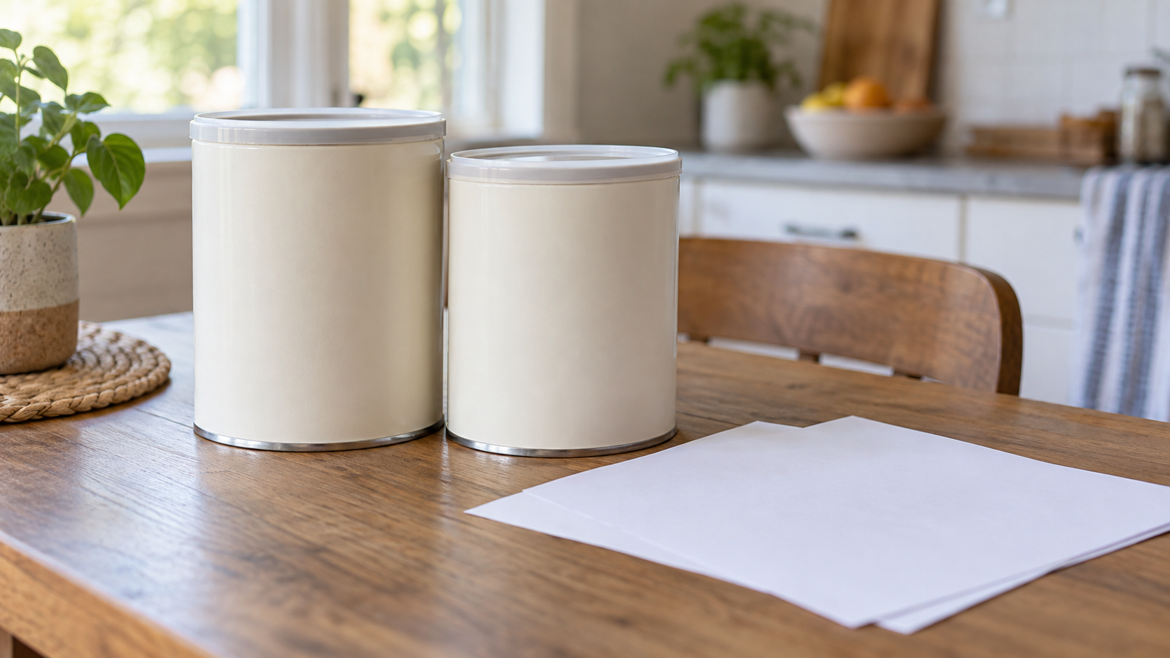 Two plain sealed containers and blank papers on a kitchen table illustrate the Abbott settlement report.