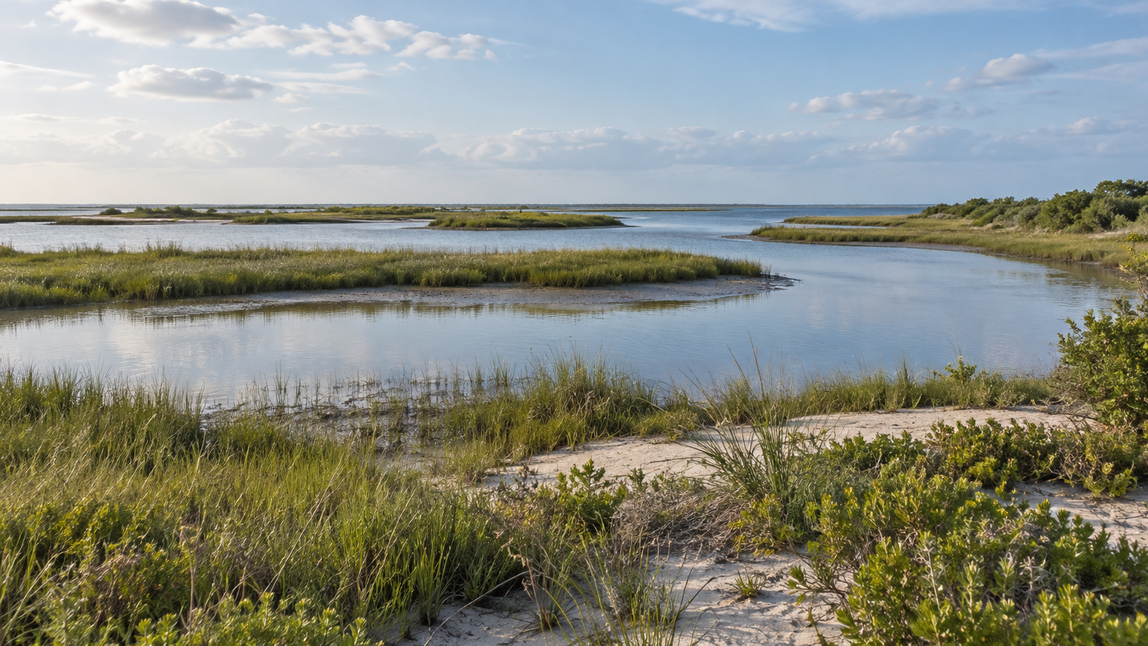 Conceptual coastal marsh with tidal water, sandy banks and grasses illustrating the SpaceX land swap story.